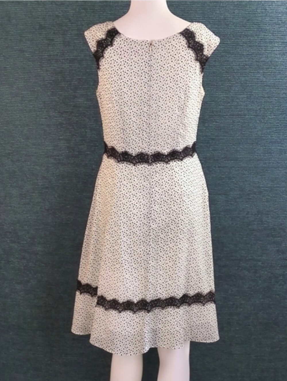 Betsey Johnson Black And White Flocked Dress With Eyelash Lace Trim - Picture 9 of 13